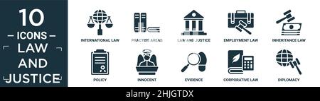 filled law and justice icon set. contain flat international law, practise areas, law and justice, employment law, inheritance policy, innocent, eviden Stock Vector