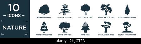 filled nature icon set. contain flat hawthorn tree, eastern hemlock tree, butternut tree, american elm eastern cedar white spruce white oak pine scarl Stock Vector