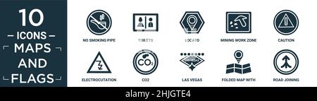 filled maps and flags icon set. contain flat no smoking pipe, toilets, locato, mining work zone, caution, electrocutation danger, co2, las vegas, fold Stock Vector