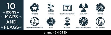 filled maps and flags icon set. contain flat mine site, vintage, t road intersection, radiactive, bicycle, crossing road caution, flag, locator, right Stock Vector