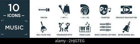 filled music icon set. contain flat tibetan, cowbell, nautilus, phantom, previous track button, bell filled tool, troubadour with kids, piano class, m Stock Vector