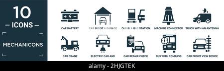 filled mechanicons icon set. contain flat car battery, car inside a garage, car in a gas station, machine connector plug, truck with an antenna on it, Stock Vector