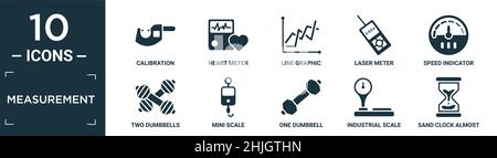 filled measurement icon set. contain flat calibration, heart meter, line graphic, laser meter, speed indicator, two dumbbells, mini scale, one dumbbel Stock Vector