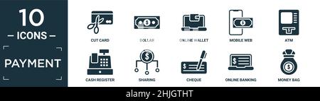 filled payment icon set. contain flat cut card, dollar, online wallet, mobile web, atm, cash register, sharing, cheque, online banking, money bag icon Stock Vector