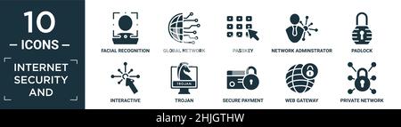 filled internet security and icon set. contain flat facial recognition, global network, passkey, network adminstrator, padlock, interactive, trojan, s Stock Vector