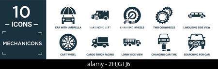 filled mechanicons icon set. contain flat car with umbrella, van facing left, changing wheels tool, two cogwheels, limousine side view, cart wheel, ca Stock Vector