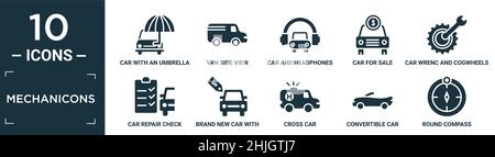 filled mechanicons icon set. contain flat car with an umbrella, van side view, car and headphones, car for sale, wrenc and cogwheels, repair check lis Stock Vector