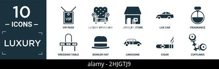 filled luxury icon set. contain flat vip pass, luxury armchair, jewelry store, lux car, fragrance, dressing table, bowler hat, limousine, cigar, cuffl Stock Vector