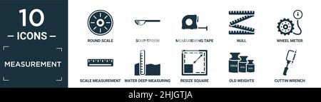 filled measurement icon set. contain flat round scale, soup spoon, measureming tape, null, wheel meter, scale measurement, water deep measuring, resiz Stock Vector