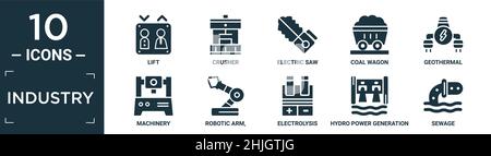 filled industry icon set. contain flat lift, crusher, electric saw, coal wagon, geothermal, machinery, robotic arm,, electrolysis, hydro power generat Stock Vector