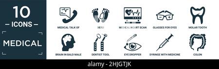 filled medical icon set. contain flat medical talk of rectangular, dead, medical heart scan, glasses for eyes, molar tooth, brain in bald male head, d Stock Vector