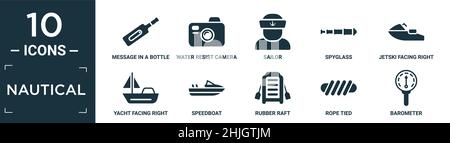 filled nautical icon set. contain flat message in a bottle, water resist camera, sailor, spyglass, jetski facing right, yacht facing right, speedboat, Stock Vector