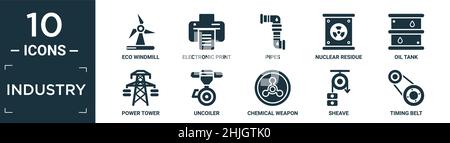 filled industry icon set. contain flat eco windmill, electronic print machine, pipes, nuclear residue, oil tank, power tower, uncoiler, chemical weapo Stock Vector
