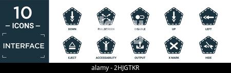 filled interface icon set. contain flat down, fullscreen, disable, up, left, eject, accessability, output, x mark, hide icons in editable format. Stock Vector