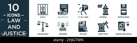 filled law and justice icon set. contain flat guilty, legal paper, crime scene, witness, pepper spray, law balance, prisoner, tax law, court trial, la Stock Vector
