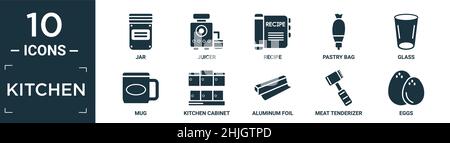 filled kitchen icon set. contain flat jar, juicer, recipe, pastry bag, glass, mug, kitchen cabinet, aluminum foil, meat tenderizer, eggs icons in edit Stock Vector