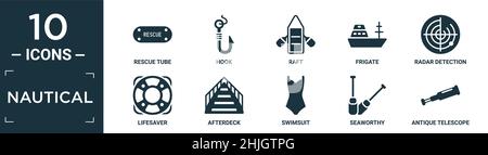 filled nautical icon set. contain flat rescue tube, hook, raft, frigate, radar detection, lifesaver, afterdeck, swimsuit, seaworthy, antique telescope Stock Vector