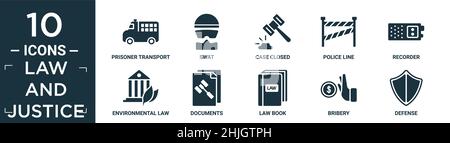 filled law and justice icon set. contain flat prisoner transport vehicle, swat, case closed, police line, recorder, environmental law, documents, law Stock Vector