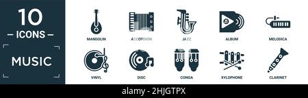 filled music icon set. contain flat mandolin, accordion, jazz, album, melodica, vinyl, disc, conga, xylophone, clarinet icons in editable format. Stock Vector