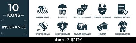 filled insurance icon set. contain flat flooded house, bank safe, delivery insurance, familiar insurance, marriage contract, overturned car, money tsu Stock Vector