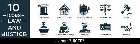 filled law and justice icon set. contain flat roman law, real estate law, wills and trusts, business law, court, counsel, accident and injuries, prisi Stock Vector