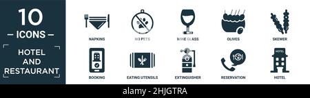 filled hotel and restaurant icon set. contain flat napkins, no pets, wine glass, olives, skewer, booking, eating utensils, extinguisher, reservation, Stock Vector