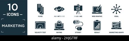filled marketing icon set. contain flat flyer, business eye, diagrams, web graphic, viral, velocity test, buying, eticket, result, marketing graph ico Stock Vector