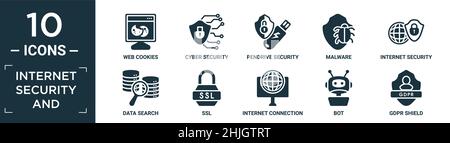 filled internet security and icon set. contain flat web cookies, cyber security, pendrive security, malware, internet security, data search, ssl, inte Stock Vector