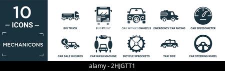 filled mechanicons icon set. contain flat big truck, bus front, car with cogwheels, emergency car facing right, car speedometer, sale in euros, wash m Stock Vector