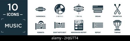 filled music icon set. contain flat harmonica, dvd disc, cymbal, organ, drumstick, fermata, eight note rest, newspaper report, repeat, timpani icons i Stock Vector