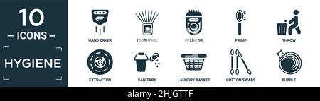 filled hygiene icon set. contain flat hand dryer, toothpick, epliator, primp, throw, extractor, sanitary, laundry basket, cotton swabs, bubble icons i Stock Vector