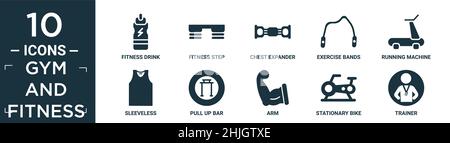 filled gym and fitness icon set. contain flat fitness drink, fitness step, chest expander, exercise bands, running machine, sleeveless, pull up bar, a Stock Vector
