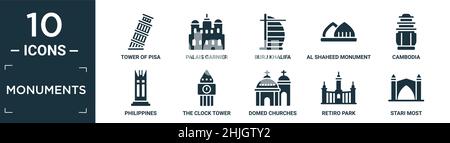 filled monuments icon set. contain flat tower of pisa, palais garnier, burj khalifa, al shaheed monument, cambodia, philippines, the clock tower, dome Stock Vector