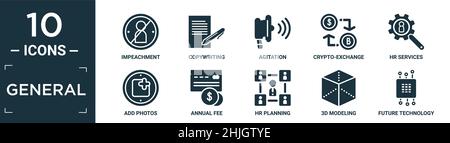 filled general icon set. contain flat impeachment, copywriting, agitation, crypto-exchange, hr services, add photos, annual fee, hr planning, 3d model Stock Vector