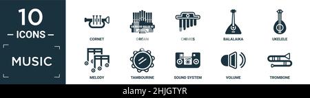 filled music icon set. contain flat cornet, organ, chimes, balalaika, ukelele, melody, tambourine, sound system, volume, trombone icons in editable fo Stock Vector