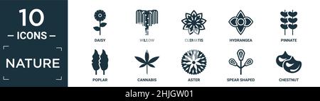 filled nature icon set. contain flat daisy, willow, clematis, hydrangea, pinnate, poplar, cannabis, aster, spear shaped, chestnut icons in editable fo Stock Vector