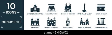 filled monuments icon set. contain flat united states capitol, hall of supreme harmony in beijing, church of the holy family, national monument monas, Stock Vector