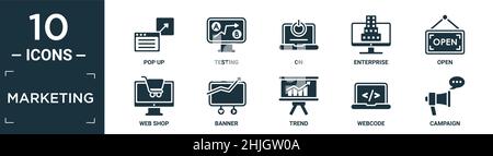 filled marketing icon set. contain flat pop up, testing, on, enterprise, open, web shop, banner, trend, webcode, campaign icons in editable format. Stock Vector