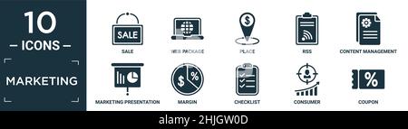 filled marketing icon set. contain flat sale, web package, place, rss, content management, marketing presentation, margin, checklist, consumer, coupon Stock Vector