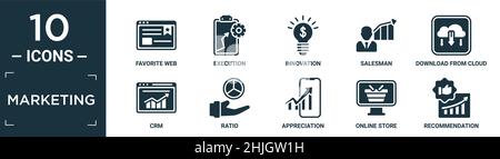 filled marketing icon set. contain flat favorite web, execution, innovation, salesman, download from cloud, crm, ratio, appreciation, online store, re Stock Vector