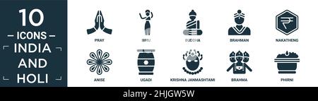 filled india and holi icon set. contain flat pray, bihu, buddha, brahman, nakatheng, anise, ugadi, krishna janmashtami, brahma, phirni icons in editab Stock Vector