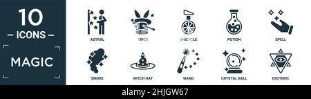 filled magic icon set. contain flat astral, trick, unicycle, potion, spell, smoke, witch hat, wand, crystal ball, esoteric icons in editable format. Stock Vector