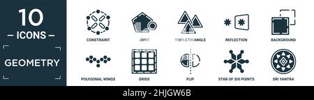 filled geometry icon set. contain flat constraint, joint, triple triangle, reflection, background, polygonal wings, grids, flip, star of six points, s Stock Vector