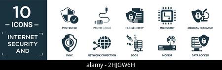 filled internet security and icon set. contain flat protected, phone cable, file security, microchip, medical research, sync, network conection, ddos, Stock Vector