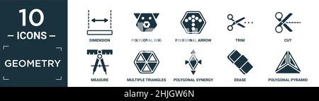 filled geometry icon set. contain flat dimension, polygonal dog, polygonal arrow up, trim, cut, measure, multiple triangles inside hexagon, polygonal Stock Vector