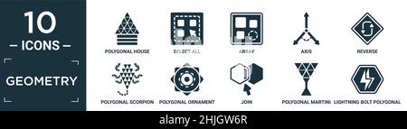 filled geometry icon set. contain flat polygonal house or home building, select all, array, axis, reverse, polygonal scorpion, polygonal ornament of h Stock Vector