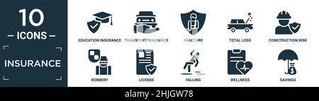 filled insurance icon set. contain flat education insurance, transport insurance, fracture, total loss, construction risk, robbery, license, falling, Stock Vector