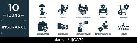 filled insurance icon set. contain flat elderly, crash, family insurance, repair, disabled, fire insurance, side crash, advice, deposit drown icons in Stock Vector