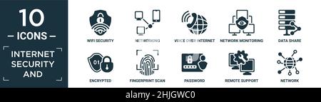 filled internet security and icon set. contain flat wifi security, networking, voice over internet protocol, network monitoring, data share, encrypted Stock Vector