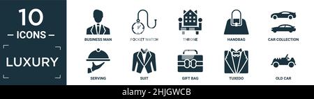 filled luxury icon set. contain flat business man, pocket watch, throne, handbag, car collection, serving, suit, gift bag, tuxedo, old car icons in ed Stock Vector